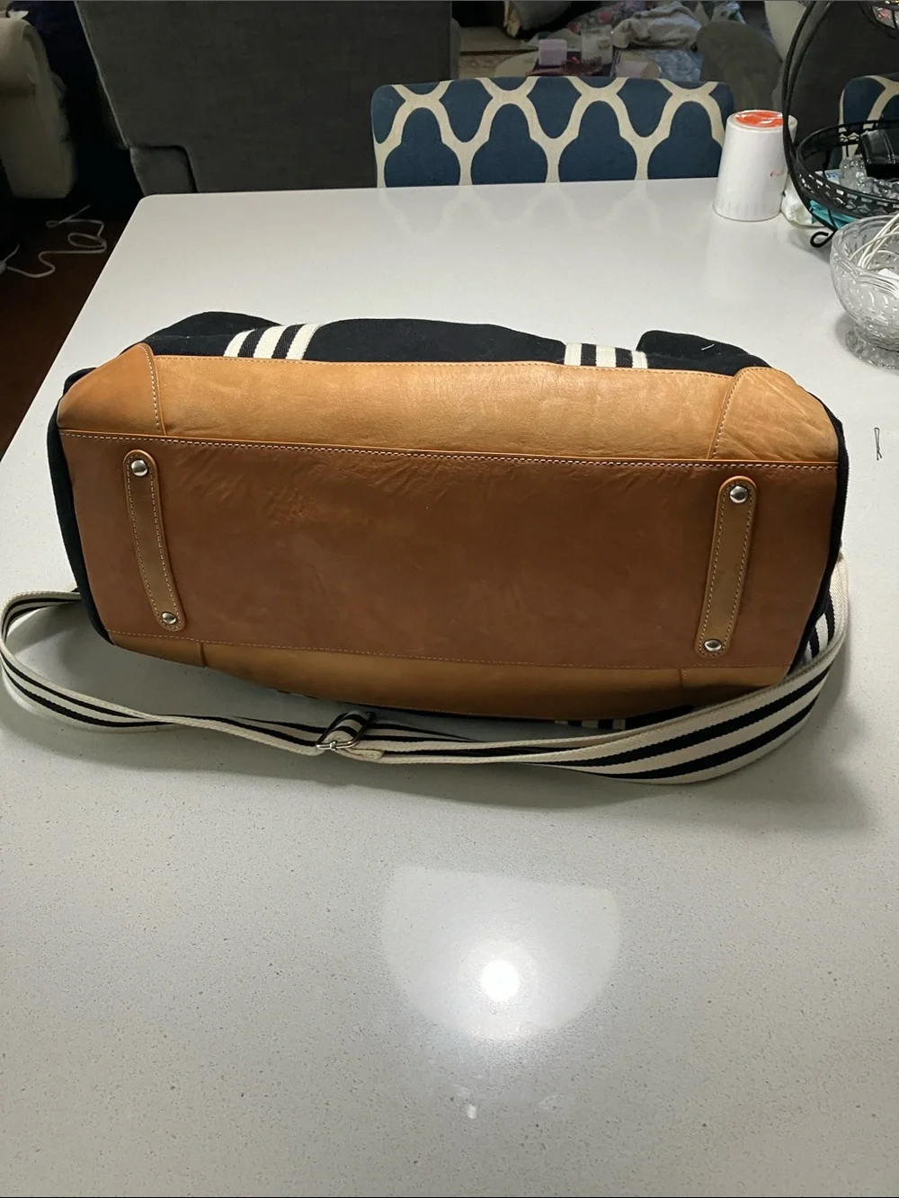 Pottery Barn Kids Black Canvas Baby Bag with Cream Striped Webbing